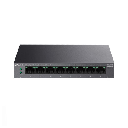Switch Tplink 8 ports Gigabit avec PoE+ pour réseau filaire, affiché en image, modèle LS108GP.