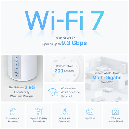 Système WiFi 7 Mesh TP-Link Deco BE65 BE9300 en pack de 3, appareils de réseau sans fil pour une couverture optimale.