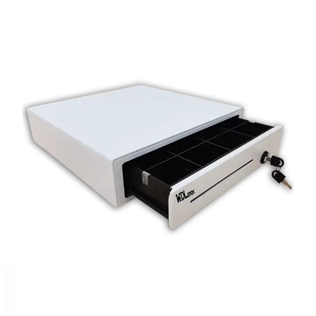 Tiroir caisse WDLINK WB4080 blanc, 24V, capacité 4 billets, poids 8,6 kg, pour caisse enregistreuse.