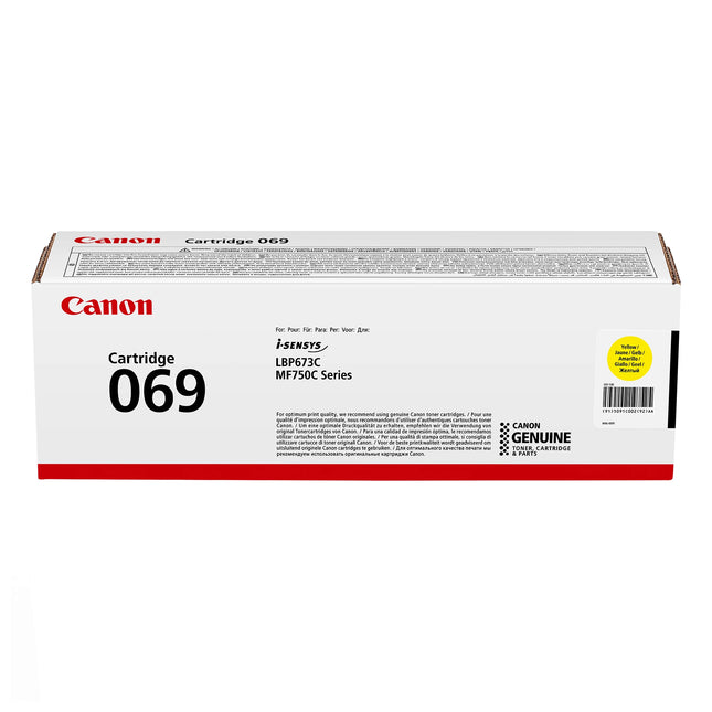 Toner original Canon 069 Jaune, cartouche d’encre pour imprimante, vue de la cartouche colorée jaune.