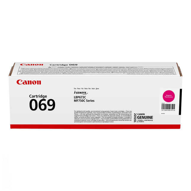 Cartouche de toner original Canon 069 magenta pour imprimante, en carton avec étiquette visible et logo Canon.