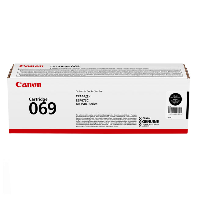 Toner original Canon 069 noir pour imprimante, cartouche d'encre noire avec étiquette et capuchon.