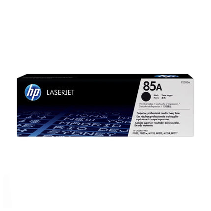 Toner original HP 85A noir pour imprimante LaserJet, cartouche d'encre HP CE285A, visible dans l'image.