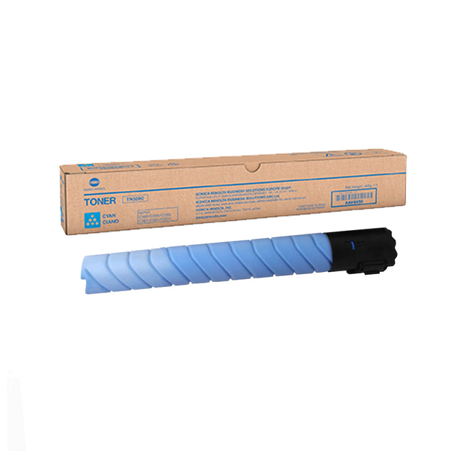 Cartouche de toner original Konica Minolta TN328C cyan pour imprimante, en image.