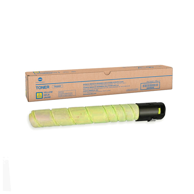 Cartouche de toner jaune originale Konica Minolta TN328Y pour imprimante, vue en gros plan montrant l'emballage.