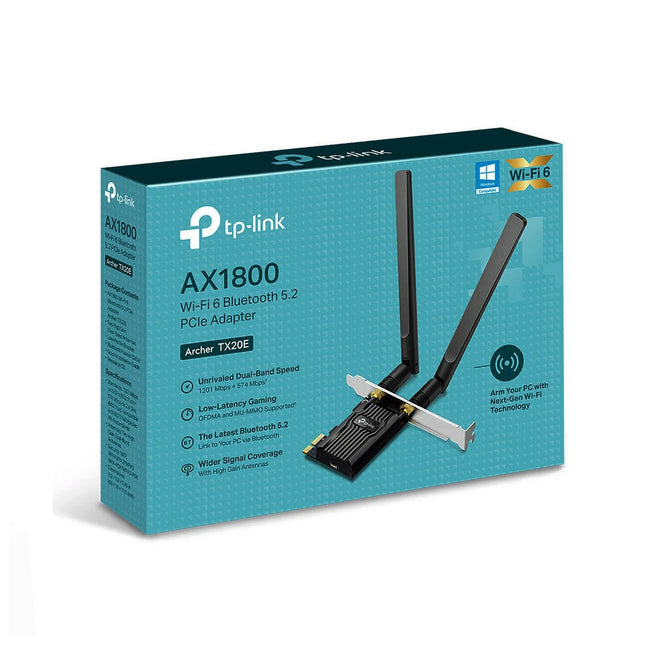 Carte réseau TP-LINK Archer TX20E avec adaptateur Wi-Fi 6 AX1800 et Bluetooth 5.2, connectivité sans fil efficace et rapide.