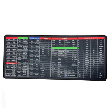 Tapis de souris gaming XXL Generic avec raccourcis clavier Photoshop, Excel et Windows imprimés