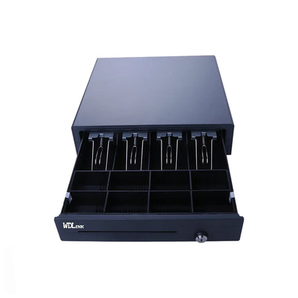 Tiroir caisse WDLINK métallique automatique WD0408, compartiments pour billets et pièces, conçu pour caisses enregistreuses.