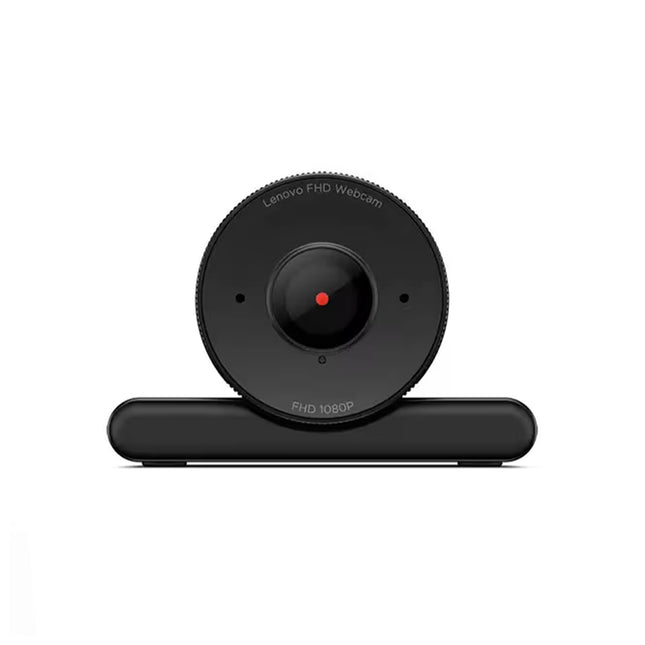 Webcam Lenovo Full HD avec microphone intégré, vue de face montrant l'objectif et le design élégant.