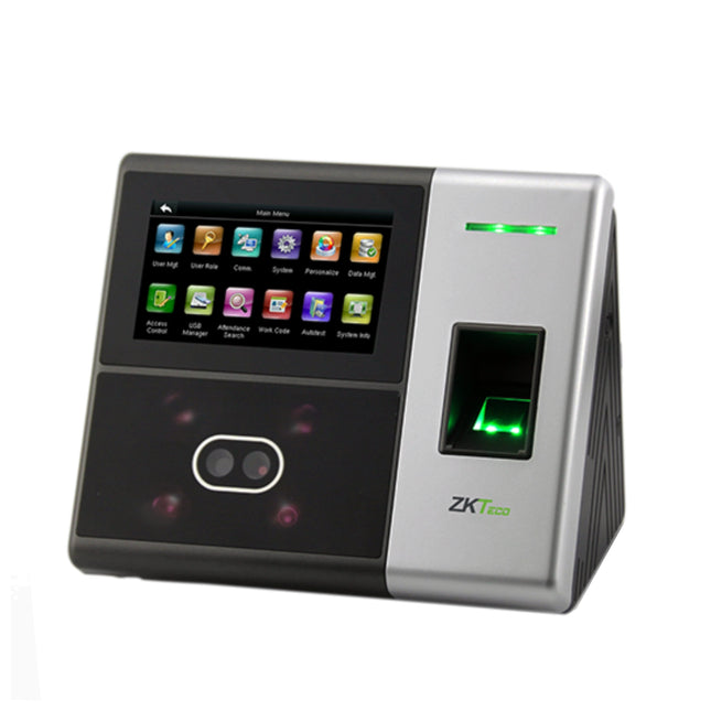 Pointeuse ZKTeco SFace900 avec reconnaissance faciale, empreinte digitale et RFID pour contrôle d’accès.